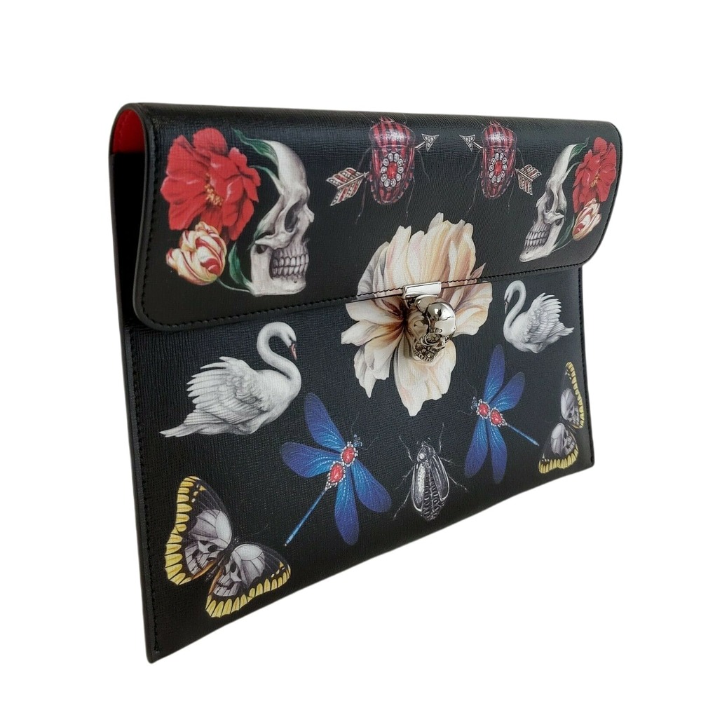 Alexander McQueen Black Leather Flower Animal Skull Clutch 554197 1090 - Picture 4 of 11